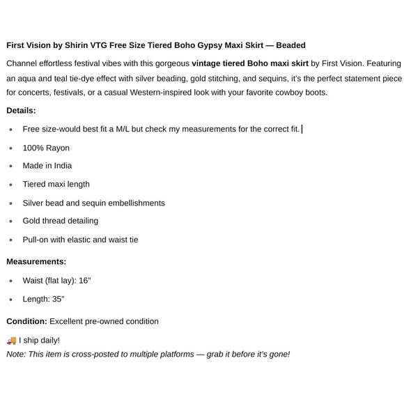 First Vision by Shirin VTG Free Size Tiered Boho Gypsy Hippie Maxi Skirt Beaded - Picture 5 of 5